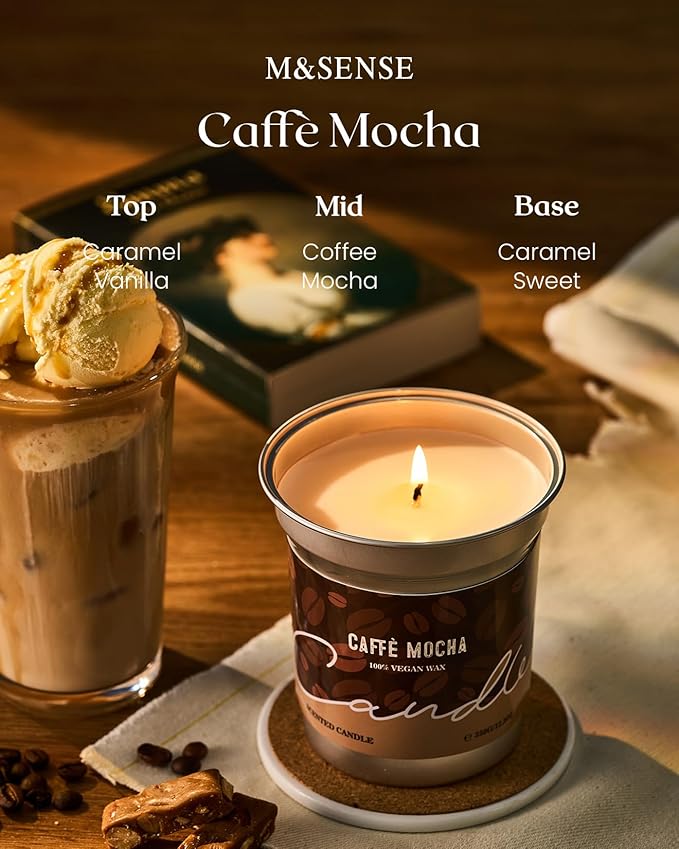 M&SENSE Mocha Coffee Scented Candles 7oz 42 Hours Slow Burn, Soy Organic Candles Non Toxic, Small Fall Seasonal Candle for Home Decor, Holiday Aromatherapy Gifts for Women Men