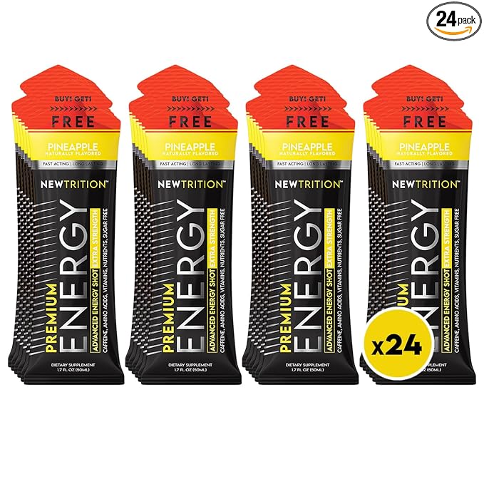 NewTrition® Extra Strength Energy Shots, 250mg Caffeine Energy Shots with Vitamin B & Amino Acids, Sugar-Free Vitamin Energy Shot, 1.7 fl oz (Pack of 24, Pineapple)