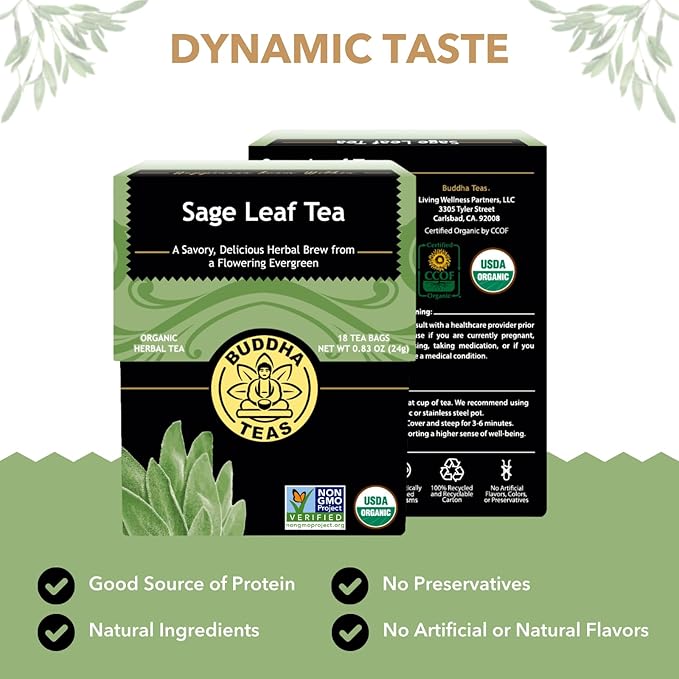 Buddha Teas - Organic Sage Leaf Tea - Herbal Tea - With Vitamins & Minerals - Clean Ingredients - Caffeine Free - OU Kosher - 18 Bleach-Free Tea Bags (Pack of 1)
