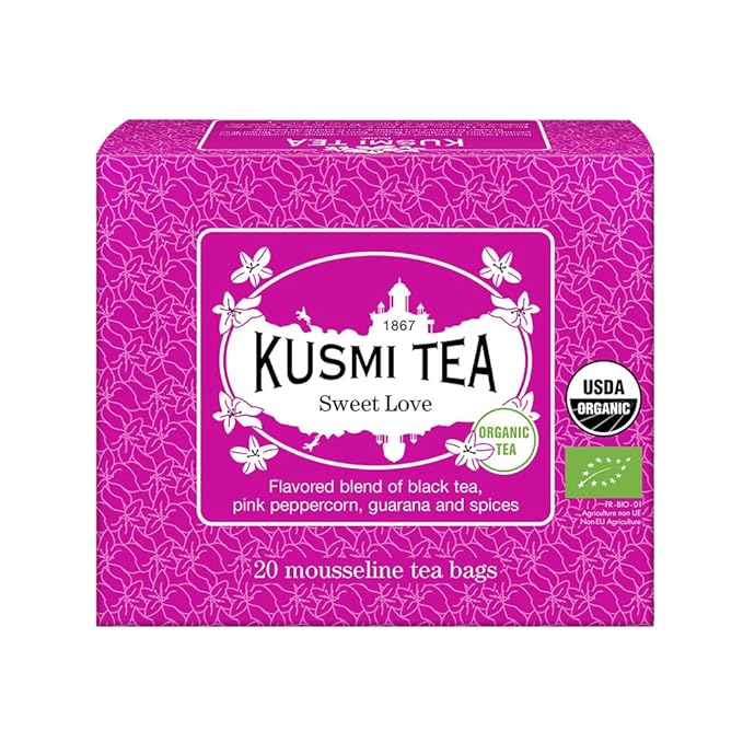 Kusmi Tea - Sweet Love - Organic Black Tea - Blend of Black Tea, Pink Pepper, Guarana and Spices - Smooth, Flavourful, Caffeinated Tea - Box of 20 Tea Bags