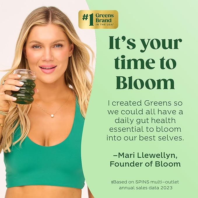 Bloom Nutrition Superfood Greens Powder Stick Packs, Digestive Enzymes with Probiotics and Prebiotics, Gut Health, Bloating Relief for Women, Chlorella, Green Juice Mix, 18 SVG, Tropical Variety