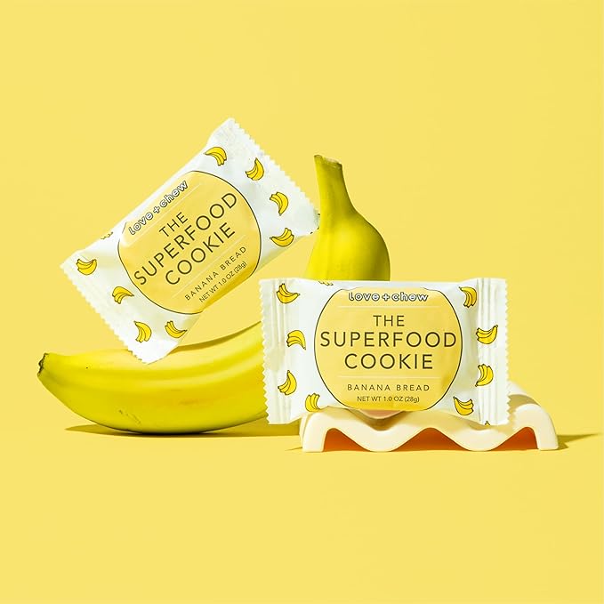 Love + Chew Soft Baked Protein Cookies, Gluten Free | (18) Count Banana Bread Minis | Vegan, Paleo, Non GMO and Packed with Superfoods. - Individually Wrapped, and Made from High Protein Almonds - (1) Ounce Cookies