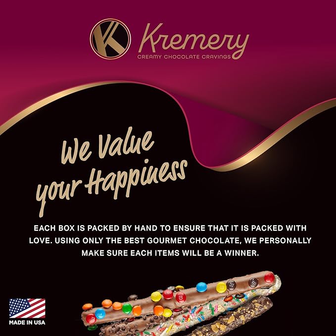 KREMERY Creamy Chocolate Cravings - Birthday Treats, Chocolate Covered Pretzel Rods Gift Basket, in Clear Tube + Greeting Card (8 Pretzels, Assorted Sweet Toppings) Food Assortments USA Made
