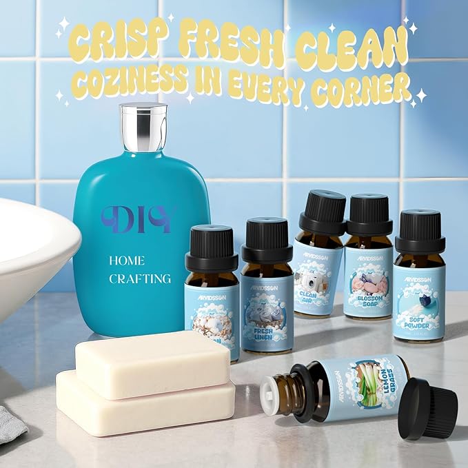 Clean Essential Oils Set, ARVIDSSON Natural Fragrance Oil for Diffuser, Soap Making - Fresh Linen, Clean Home, Fresh Cotton, Soft Powder, Blossom Soap, Lemongrass, Strong Scented Oils for Home