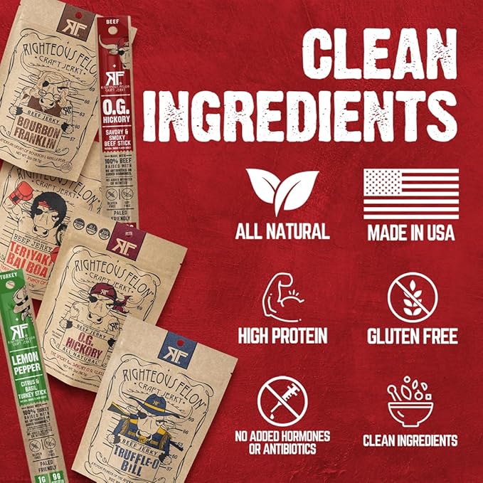 Righteous Felon Savory Beef Jerky Variety Gift Pack - Great Gifts for Men | Gluten Free, High Protein Healthy Snack | Bulk Beef, Pork, & Turkey Jerky Variety Snack Packs | The Savory 6 Pack Sampler