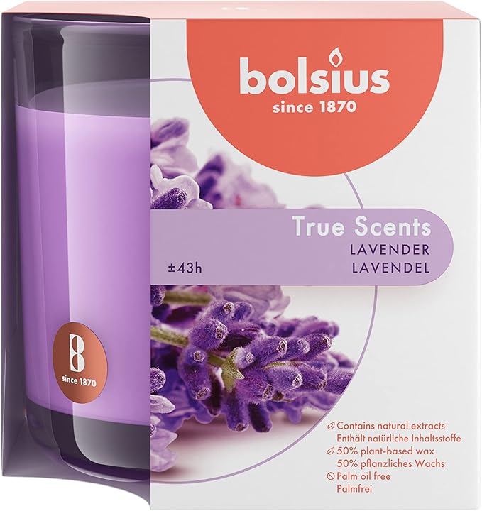 Bolsius Premium Lavender Scented Candle - Long-Lasting Candle Jar, 43+ Hours Burning Time - Natural Lavender Candle with Plant-Based Wax- Smokeless. Clean-Burning Aromatherapy Candle - Large, 8oz Jar
