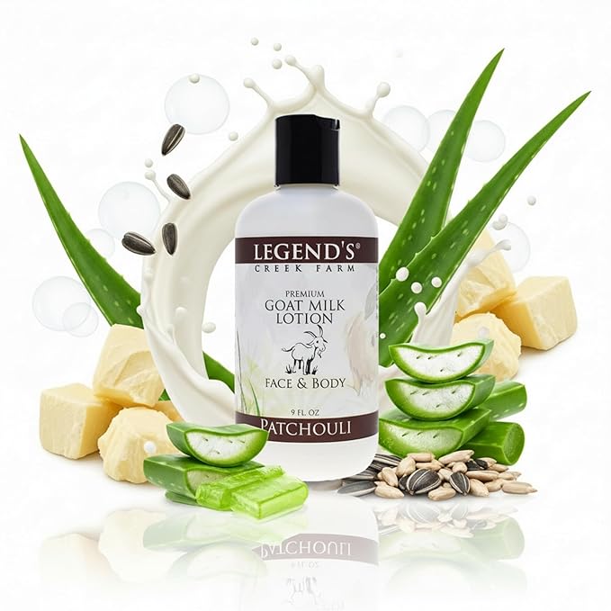 Legend's Creek Farm Goat Milk Lotion - Deeply Moisturizing Goat Milk Body Lotion for Body, Hand & Face - 9 oz Body Moisturizer with Shea Butter, Sunflower Oil, Aloe, Handmade in USA (Patchouli L.)