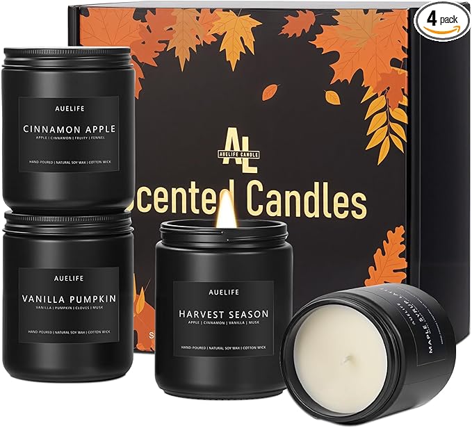 Fall Candle Set | 4 Pack Scented Candles - Autumn Soy Candles for Home Scented, Aromatherapy Gifts for Women, Thanksgiving & Fall Decor - Pumpkin, Apple, Latte & Harvest Scents