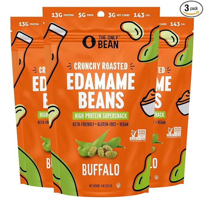 The Only Bean - Crunchy Roasted Edamame Beans (Buffalo), Keto Snacks, Healthy Snacks For Adults and Kids, Low Carb High Protein Snacks, Gluten Free Snack, Vegan Keto Food - 4 oz (3 Pack)