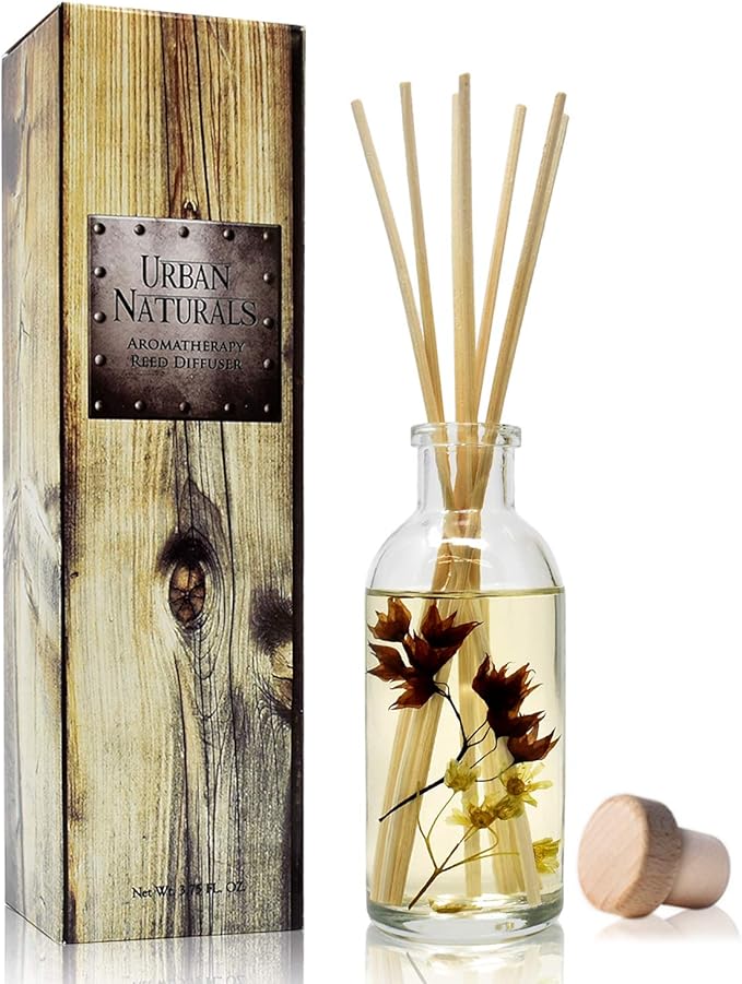 Urban Naturals Vanilla Woods Reed Diffuser Scent Sticks Gift Set | Smoked Vanilla Bean, Tonka Bean, Birchwood & Sandalwood | Light Woodsy Scent Made with Essential Oils & Real Botanical Pieces