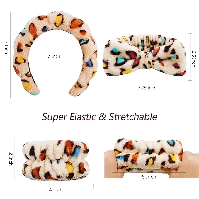 Velscrun 6 Pack Spa Headband, Makeup Headband, Face Wash Headbands, Skincare Headbands, Sponge Hair Band Bow Tie Spa Head Band for Washing Face Wristband Set Hair Accessories for Women Gifts Leopard D
