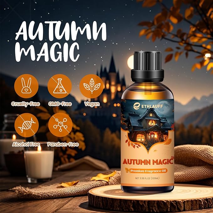 Autumn Magic Essential Oil, 100ml Fall Essential Oil for Diffusers for Home, Autumn Scented Oils for Candle & Soap Making, Bath Bombs, Massage - 3.38FL.OZ