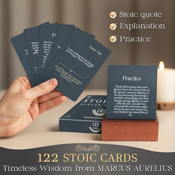 122 Daily Stoic Quotes with Explanations & Practices, Marcus Aurelius Stoicism Cards, Wooden Stand, Gift Box, Inner Strength Wisdom Stoic Reminders, Mindfulness Deck, Unique Home Office Gifts Décor