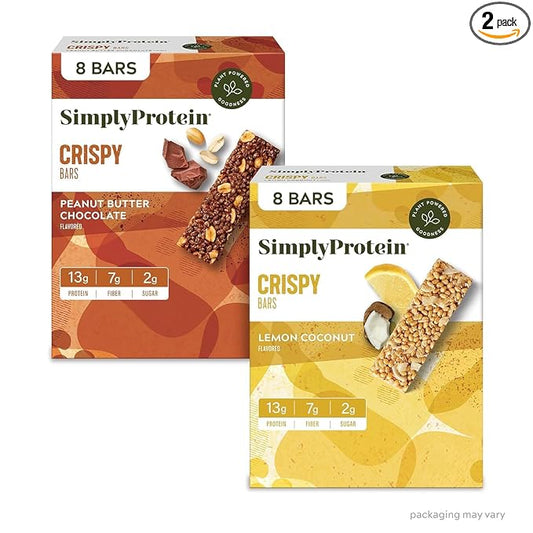 Simply Protein - Crispy Bars Variety Pack, Peanut Butter + Lemon Coconut - Plant Based Protein Bars - 13g Protein, 2g Sugar, 7g Fiber - Vegan, Gluten Free, Non GMO, Kosher - 16 Bars, 2 Boxes