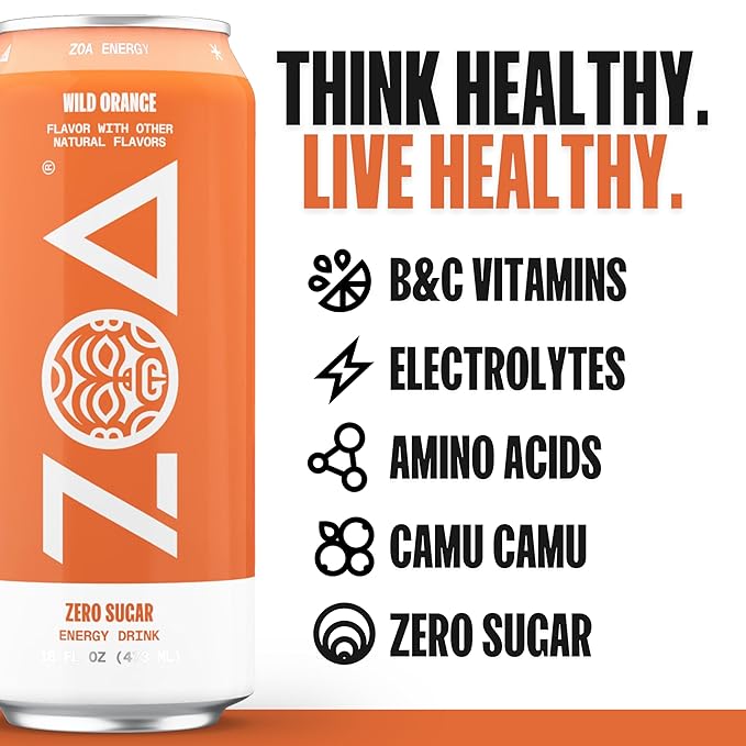 ZOA Zero Sugar Energy Drinks, Wild Orange - Sugar Free with Electrolytes, Healthy Vitamin C, Amino Acids, Essential B-Vitamins, and Caffeine from Green Tea - 16 Fl Oz (12-Pack)
