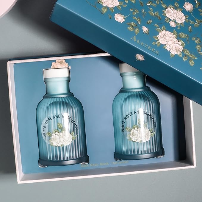 Rose and Berries Reed Diffuser Set, 2-Pack 3.5fl oz Aroma Essential Oils, Flower Scented Oil Home Fragrance with Fiber Sticks, Aromatherapy Air Freshener for Room Shelf Bathroom Decor