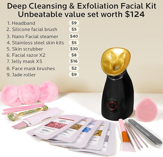 Colorfarm Facial Steamer Nano Ionic: Face Steamer Home Spa Kit Deep Cleaning Unclogs Pores Sinuses Inhaler with 8 Skin Care Tools - Relaxing Self Care Skincare Beauty Gifts for Women (Black Gold)