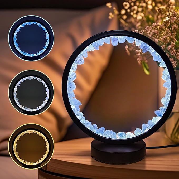 Crystal Night Light,3 Colors Ambient Lighting USB Dimming Healing Crystal Table Lamp,Natural Energy Crystal Decor for Bedroom Home Dating Gift (Blue, Circle)