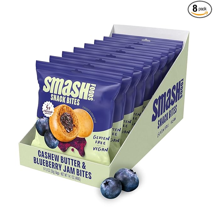 Smash Foods Blueberry Energy Bites | 5 Gluten-Free Vegan Snack Balls with No Sugar Added | 5g Protein, Superfood Jam, Chia Seeds | On-the-Go Convenience | Cashew Butter & Blueberry | 8 Packs