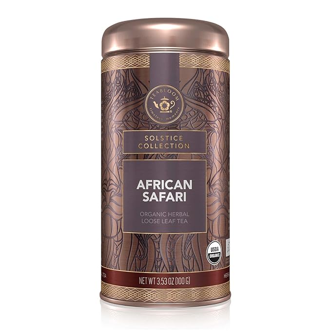 Teabloom Organic Herbal Tea, African Safari Loose Leaf Tea, Sweet Rooibos Blend with Berry Flavors and Vanilla, USDA Certified Organic, Fresh Whole Leaf Blend in Reusable Gift Canister, 3.53 oz/100 g Canister Makes 35-50 Cups