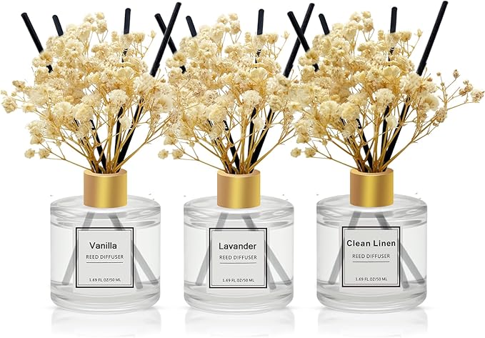 Reed Diffuser Set of 3 Pack,50ML Vanilla Clean Linen Lavender Scented Oil Diffuser with 5 Sticks,Home Fragrance Reed Diffuser for Bedroom Bathroom Office (Vanilla/Clean Linen/Lavender)