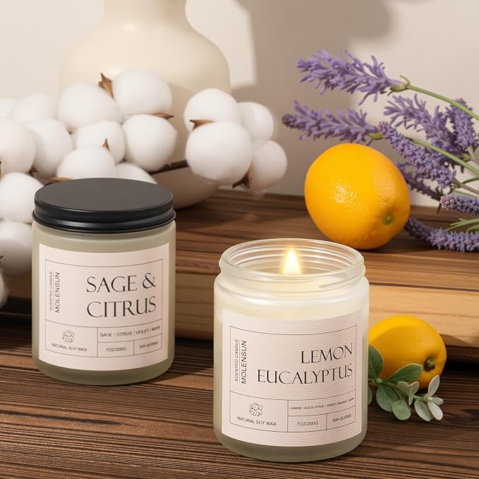 4 Pack Candles for Home Scented, Mother's Day Gifts, 28 oz Long Lasting Candles, Soy Candle Set Gift for Women - Lavender Thyme/Lemon Eucalyptus/Sage &Citrus/Vanilla Cupcake
