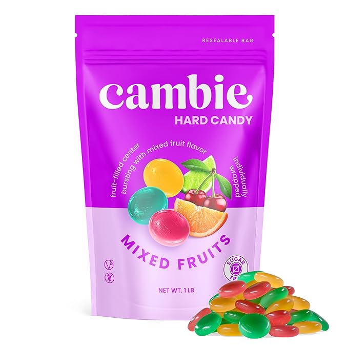 Cambie Sugar Free Mixed Fruit Hard Candy - 1 Pound of Individually Wrapped Sugar Free Hard Candy, Assorted Fruit Flavors with Cherry, Lime, and Orange, Keto & Diabetic Friendly