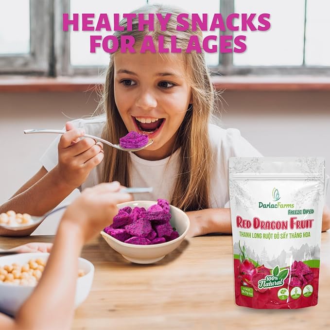 DARLAC FARMS Freeze Dried Red Dragon Fruit Cubes, 2 Oz x Pack 6, No Sugar Added, Healthy Fruit Snacks for Kids, Adults & All Ages, Premium Organic Crispy Crunchy Snacks, Tea, Baking, Smoothie, Yogurt