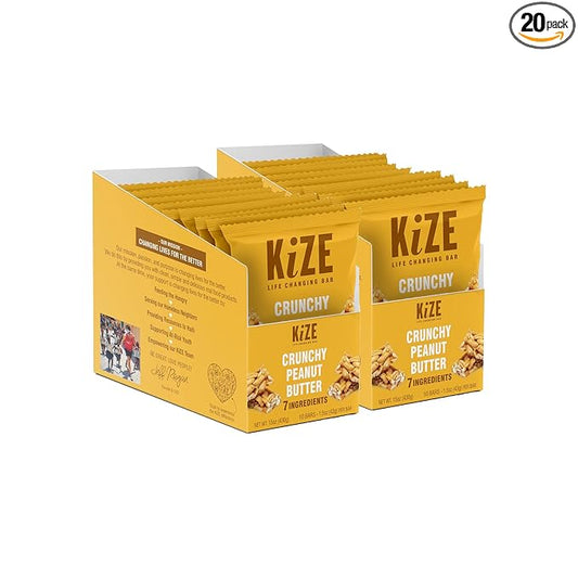 KiZE Energy Bars - Crunchy Peanut Butter - 20-Count - Gluten Free, Dairy Free, Non-GMO, and High Protein Meal Replacement Energy Bars, Clean and Simple Food Ingredients - 7g High Protein Snacks (20 Count)