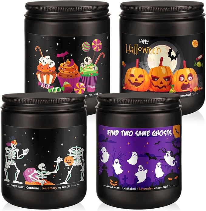 4 Pack Black Halloween Scented Candles -7oz Soy Wax Candles with Essential Oils (Rosemary, Vanilla, Gardenia, Lavender) -for Halloween, Christmas, Home Decor