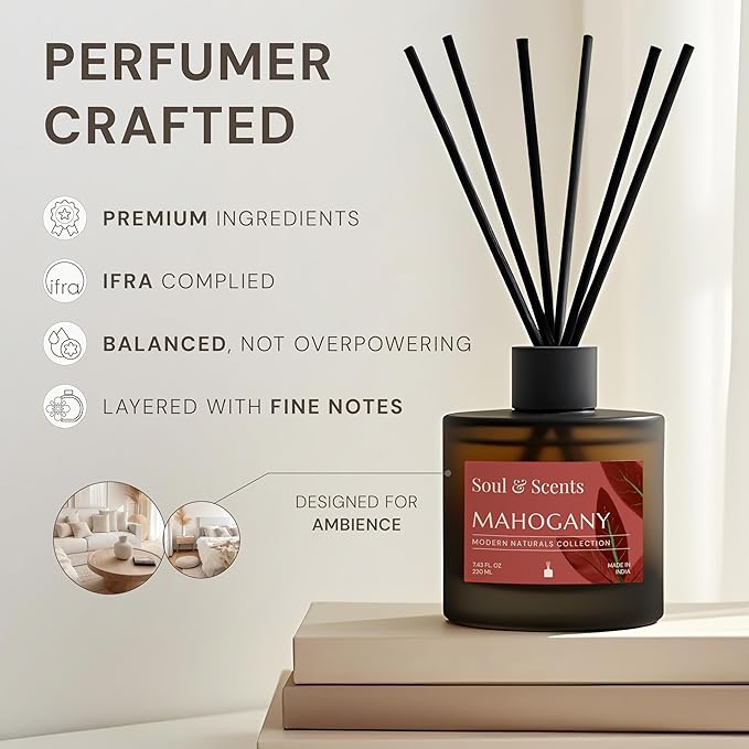 Soul & Scents Reed Diffuser Set – Mahogany | 7.43 oz Refillable Scented Oil with 6 Fiber Sticks | Long-Lasting Home Fragrance & Air Freshener for Bedroom, Bathroom, Office | Gift & Décor Piece