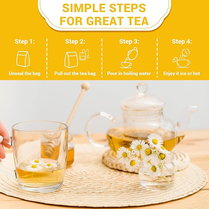 Chamomile Tea Bags, Chamomile Flower Herbal Tea - Sugar-Free, Caffeine-Free, 50 Teabags