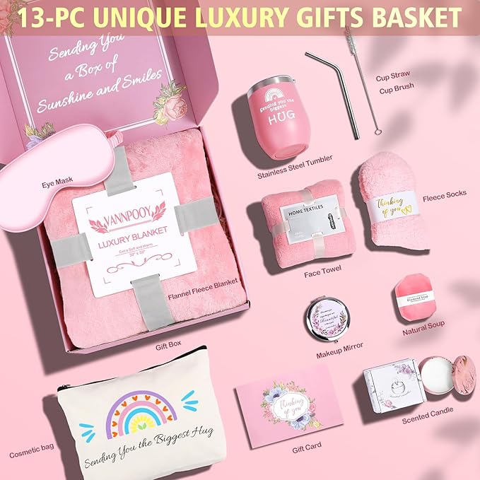 Birthday Gifts for Women, Thinking of You Gift Basket, Get Well Gifts for Women, Unique Self Care Package Relaxing Spa Gift Set, Mothers Day Gift Box for Mom Her Best Friend Wife Sister, Pink