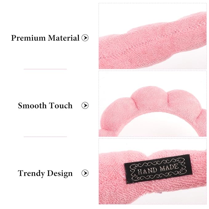 AMCAMI Puffy Spa Headband for Women Sponge Headbands for Girls 2 PCS Terry Towel Cloth Fabric Head Band for Skincare,Makeup Removal,Face Washing,Facial Mask,Shower,Hair Accessories(Red&Light Pink)