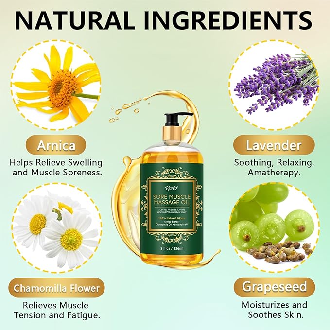 Sore Muscle Massage Oil for Massage Therapy, with Massage Roller Ball & Thumb Saver Massager, Body Massage Oil for Muscle Relaxing, Soothes Joints & Muscles with Arnica, Lavender Oil(8 Fl Oz)