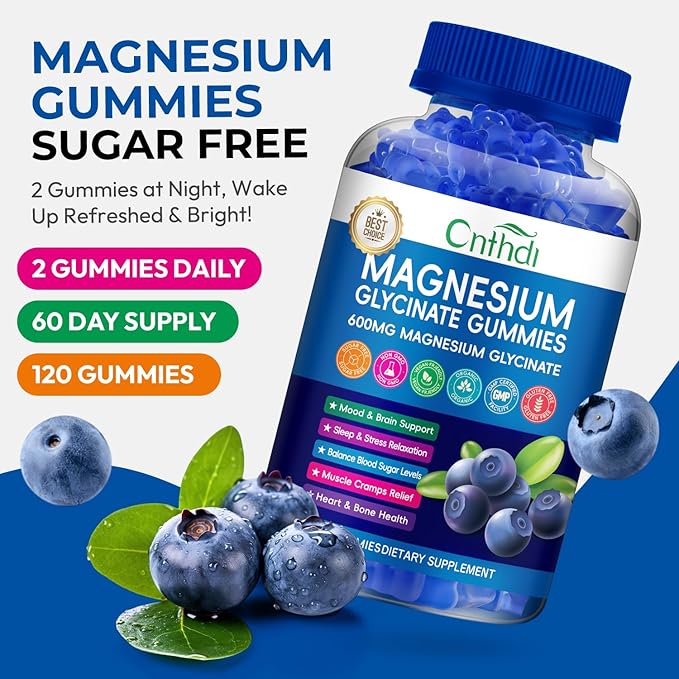 Magnesium Glycinate Gummies 600mg, Sugar Free Chewable Magnesium Gummies for Adults & Kids Relaxation, Stress Relief, Night Rest, No Melatonin, Gluten Free, Non GMO, Vegan, Pectin, 120 Count