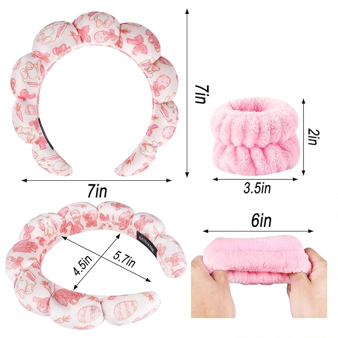 Zkptops Spa Headband for Washing Face Wristband Set Sponge Makeup Skincare Velvet Fabric Bubble Soft Get Ready Hairbands for Women Puffy Headwear Non Slip Thick Thin Hair Accessory(Pink Bow)
