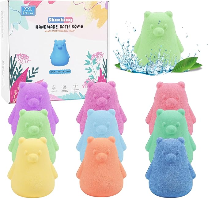 SHUCHING 9 PCS XXL Bear Bath Bombs with Surprise Inside, Natural and Organic Bubble Bath Fizzy Balls, Birthday Christmas Halloween Gifts Set