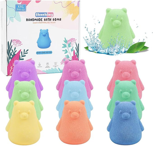 SHUCHING 9 PCS XXL Bear Bath Bombs with Surprise Inside, Natural and Organic Bubble Bath Fizzy Balls, Birthday Christmas Halloween Gifts Set