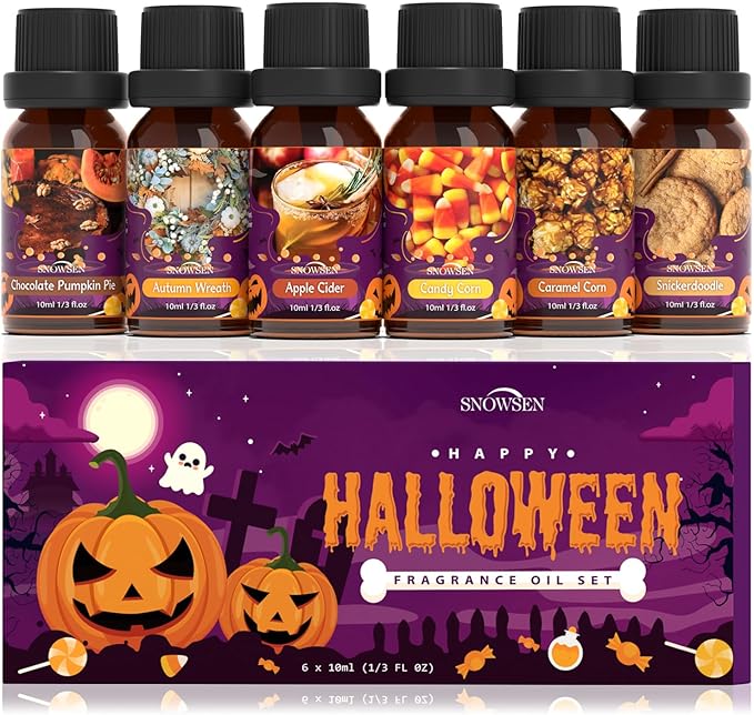 Halloween Essential Oil Set, SNOWSEN Fall Fragrance Oils for Diffuser Oil Scents, Candle Making, Soap Making, Candy Corn, Chocolate Pumpkin Pie, Autumn Wreath, Apple Cider, Caramel Corn,Snickerdoodle
