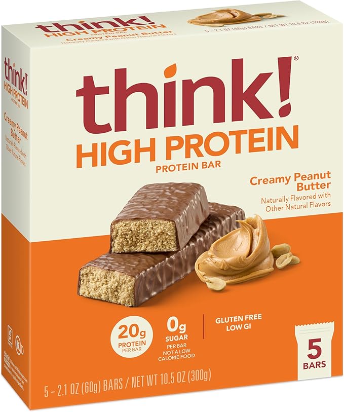 think! Protein Bars, High Protein Snacks, Gluten Free, Kosher Friendly, Creamy Peanut Butter, Nutrition Bars, 2.1 Oz per Bar, 30 Count (Packaging May Vary)