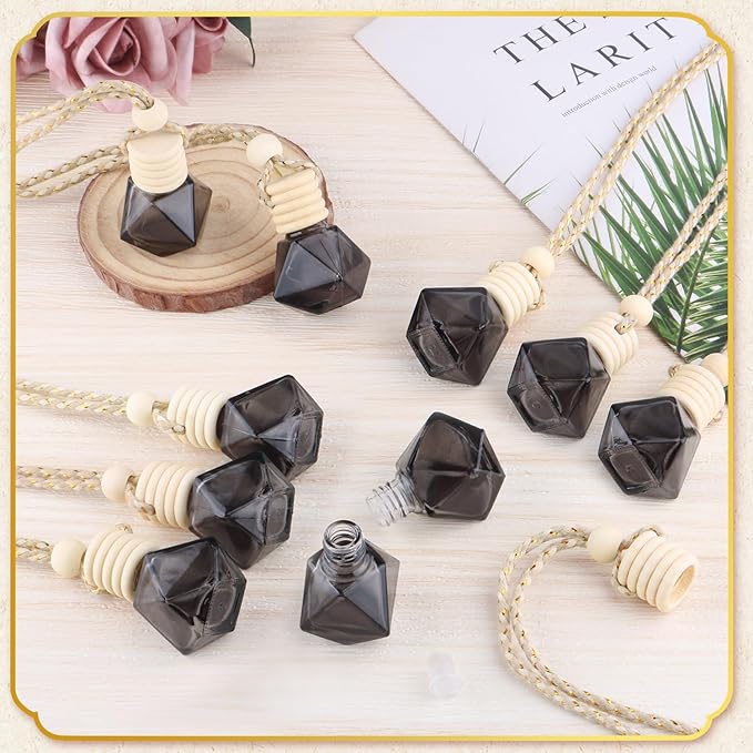 20 Pack Black Hanging Car Air Freshener Bottle Empty Car Essential Oil Diffuser Bottles Pendant Black Glass Perfume Bottles Aromatherapy Fragrance Bottle Auto Ornaments Decor (diamond)