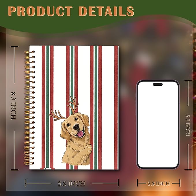 Exqcom Christmas Golden Retriever Spiral Notebook Gifts, Golden Retriever Lover Gifts Journal for Women, Striped Funny Dog Hardcover Notebook Journal Office School Supplies, 5.5x8.3 Inch