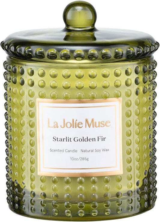 LA JOLIE MUSE Christmas Candles, Starlit Golden Fir Candle - Cedarwood, Patchouli, Fir Balsam | 10 oz Natural Soy Wax | 55 Hours Clean Burn |Winter Holiday Gift | Gift-Ready for Hosts & Gatherings