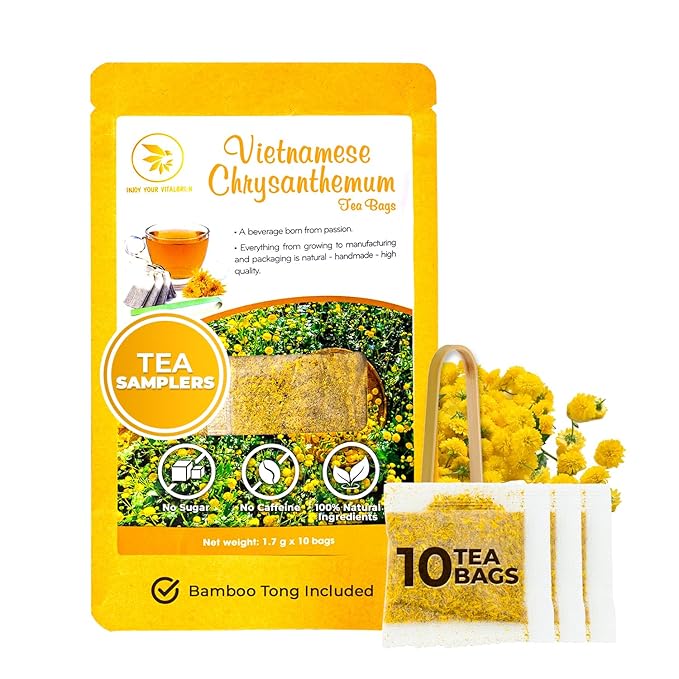Vietnamese Chrysanthemum Tea Samplers - 10 Count + Bamboo Tong, No Sugar Added, No Caffeine, Re-Steep Chrysanthemum Floral Scent Herbal Tea for Detox, Refreshing, Relax