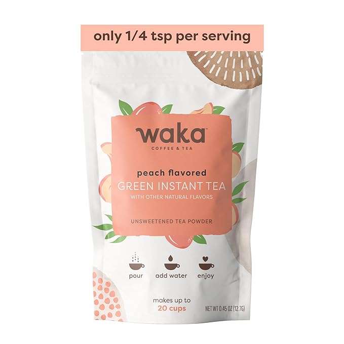 Waka Instant Green Tea Mix, Peach Flavored - 100% Tea Leaves, No Additives, Unsweetened Sample/Travel Size Tea Powder - Easy Quick Hot and Iced Teas, Up to 20 Cups or 5 Quarts (.45oz)