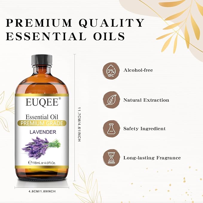 EUQEE Lavender Essential Oil 118mL Pure Lavender Oil Large Capacity Essential Oil with Glass Dropper for Diffuser, DIY Candle - 4Fl. Oz
