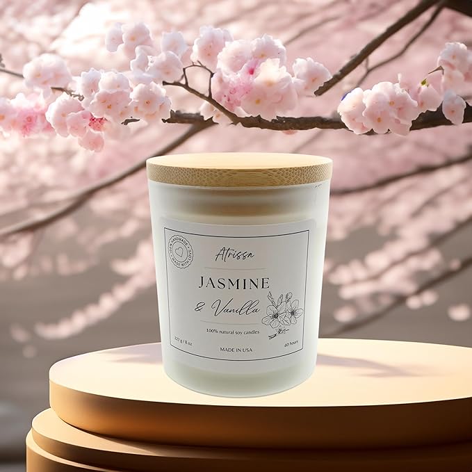 Jasmine Vanilla 8 OZ Handmade Scented Soy Wax Candle, Floral, Sweet, Elegant, Romantic Candle, Non-Toxic Made in The USA Candle for Her or Home (8 Oz, Jasmine Vanilla)