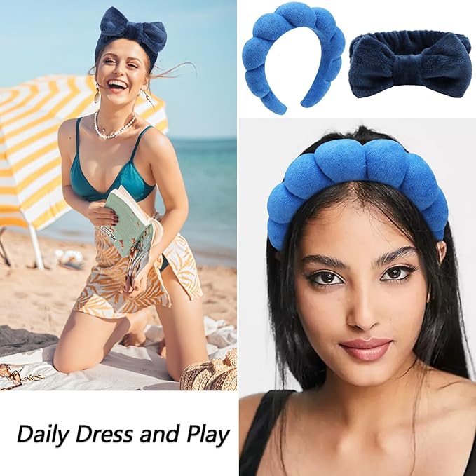 VELSCRUN 6 Pack Spa Headband, Makeup Headband, Face Wash Headbands, Skincare Headbands, Navy Blue Sponge Hair Band Bow Tie Spa Head Band for Washing Face Wristband Set Women Girls Hair Accessories