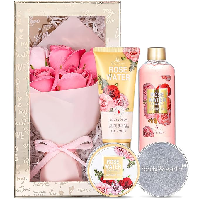 Mothers Day Gifts for Mom, Spa Birthday Gift Baskets for Women Her Wife Girlfriend, with Rose Scented Shower Gel, Body Scrub, Body Lotion, Hand Soap